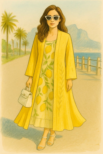 lady wearing a Rina Lemon Robe – Buttercup Yellow Georgette