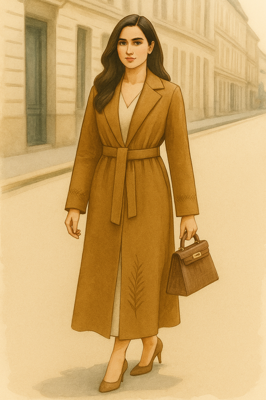 lady wearing the Safa Wrap with White Linen Robe