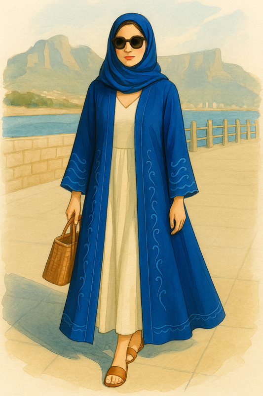 Lady wearing the Ziya Blue Robe – Cobalt Silk Georgette